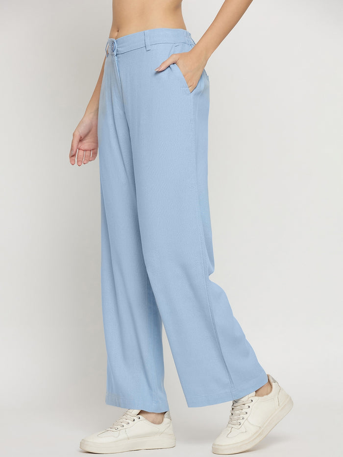 Madame Blue Rayon Linen Straight Fit Ankle Trousers