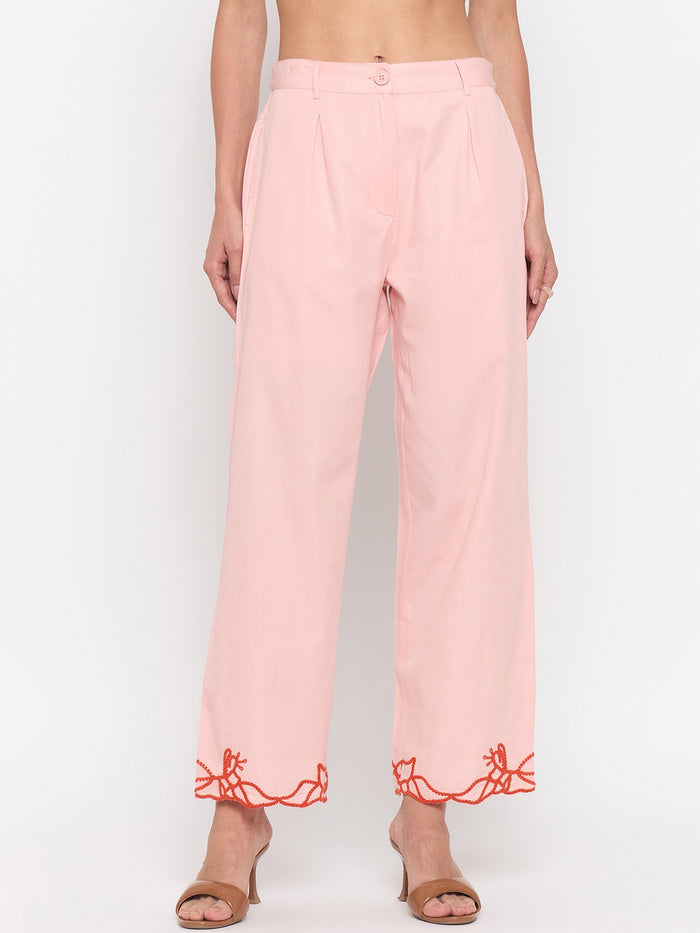 Madame Blush Pink Embroidered Cotton Trousers
