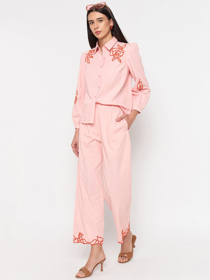 Madame Blush Pink Embroidered Cotton Trousers