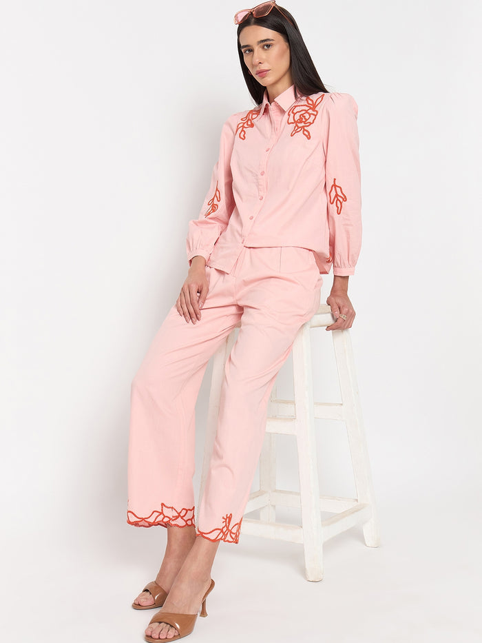 Madame Blush Pink Embroidered Cotton Trousers
