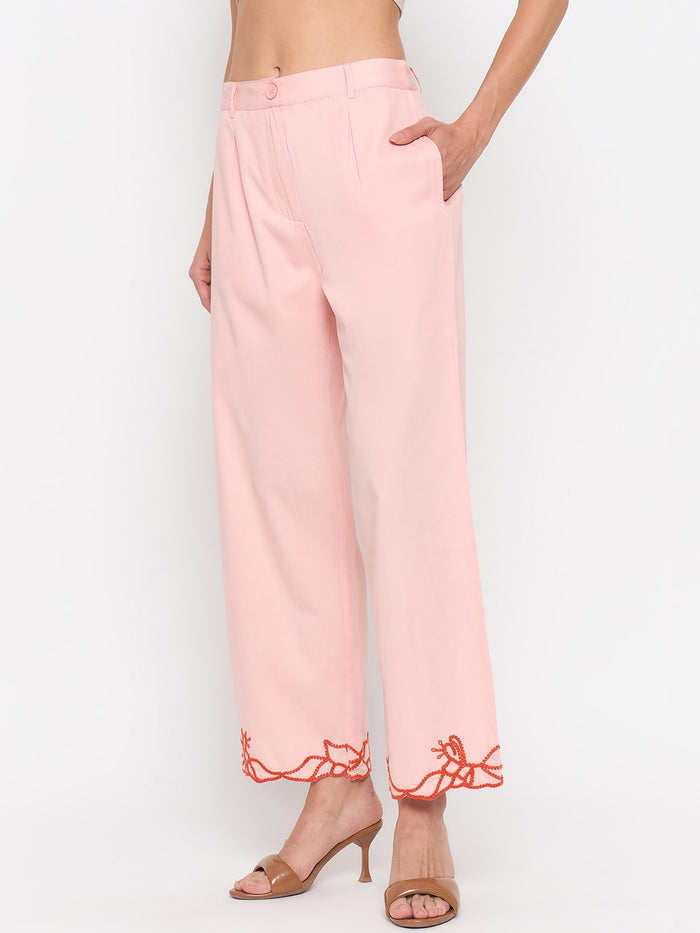 Madame Blush Pink Embroidered Cotton Trousers
