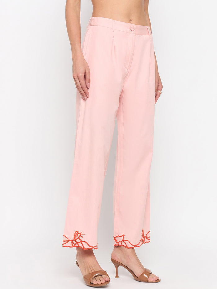 Madame Blush Pink Embroidered Cotton Trousers