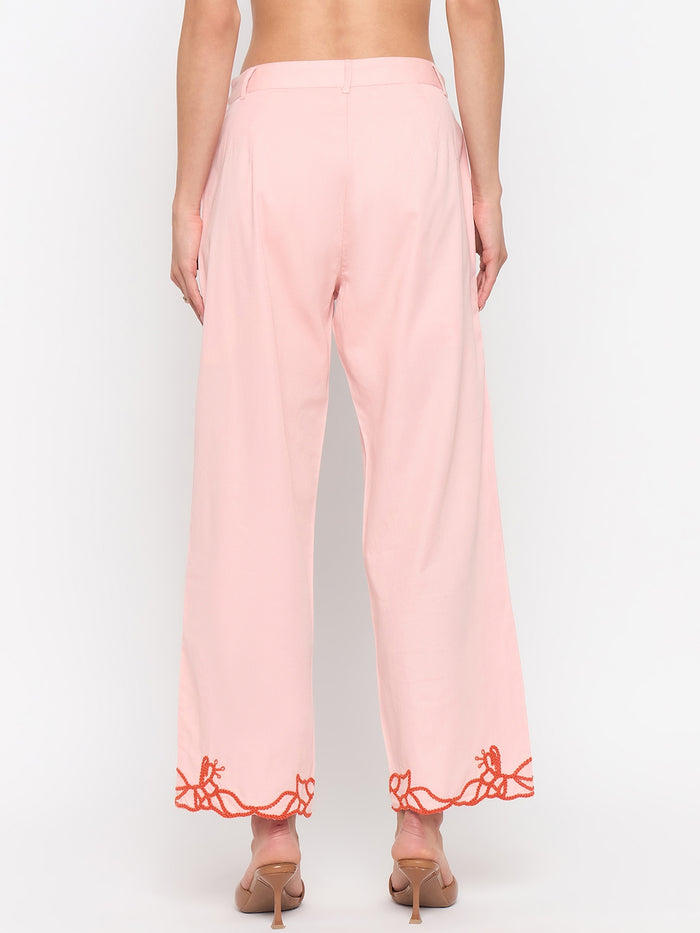 Madame Blush Pink Embroidered Cotton Trousers