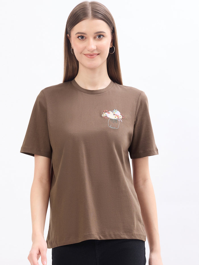 Madame Graphic Print Brown Cotton T-Shirt