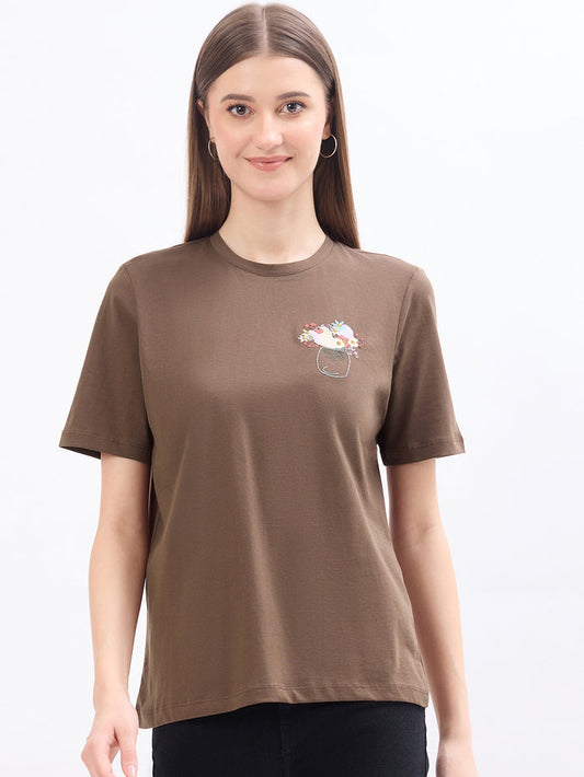 Madame Graphic Print Brown Cotton T-Shirt