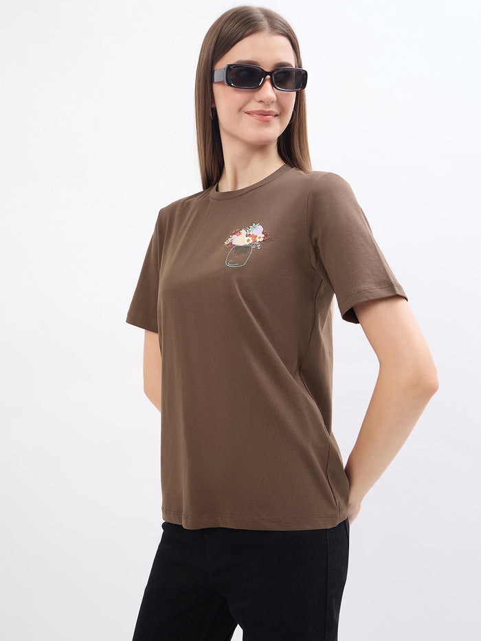 Madame Graphic Print Brown Cotton T-Shirt