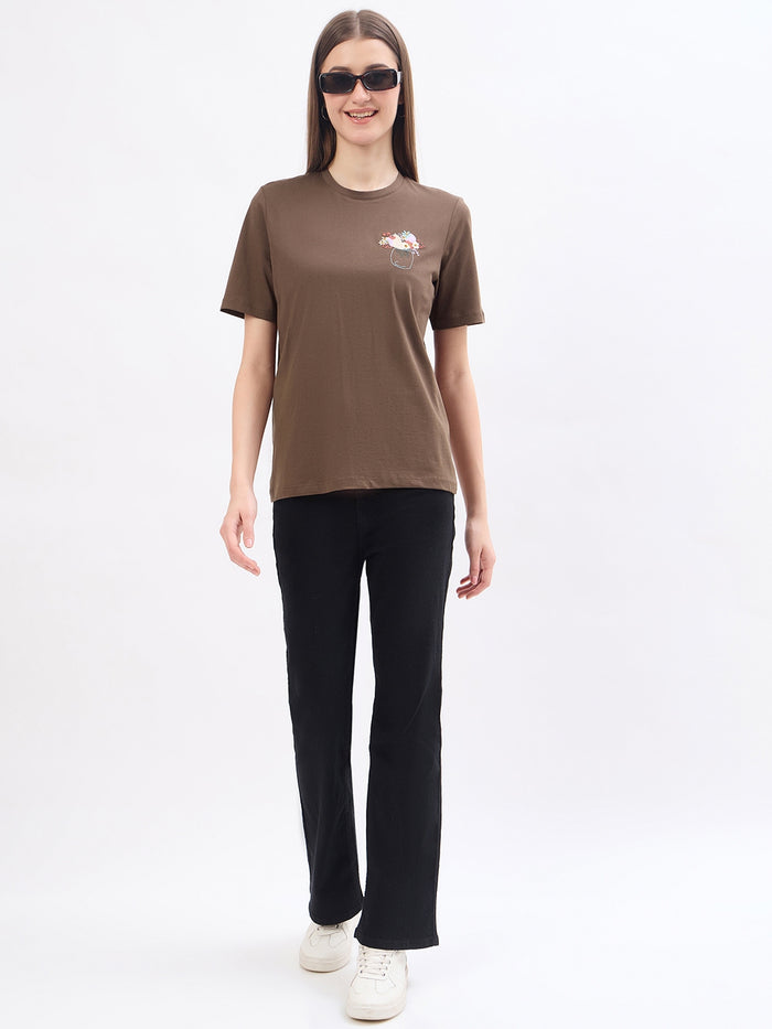 Madame Graphic Print Brown Cotton T-Shirt