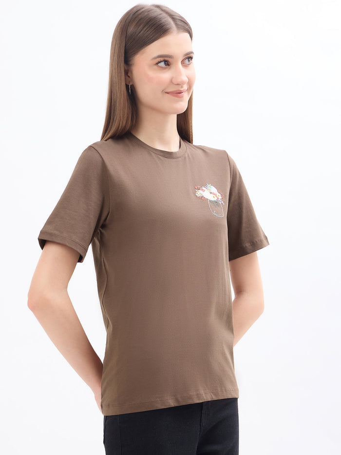 Madame Graphic Print Brown Cotton T-Shirt