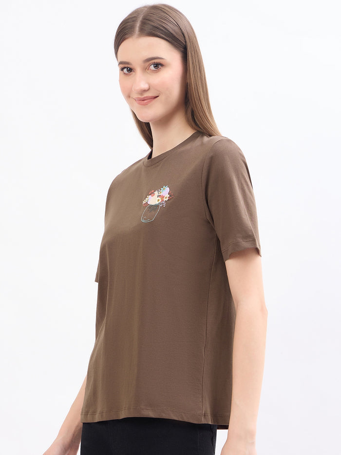 Madame Graphic Print Brown Cotton T-Shirt