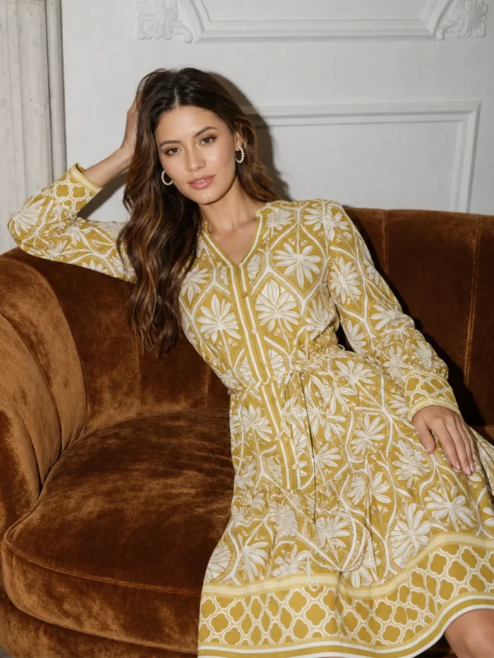 Madame Green Printed Rayon Mandarin Collar Midi Dress