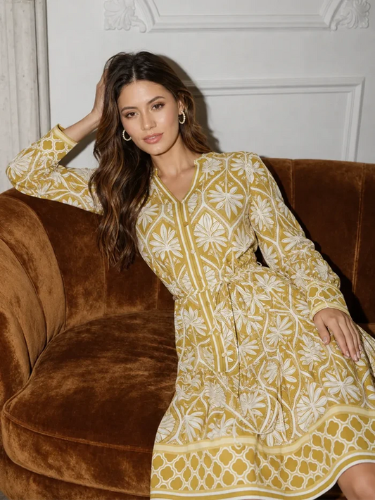 Madame Green Printed Rayon Mandarin Collar Midi Dress