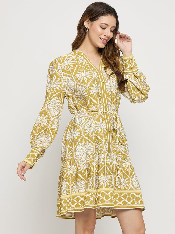 Madame Green Printed Rayon Mandarin Collar Midi Dress