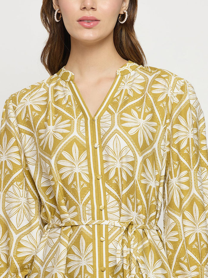 Madame Green Printed Rayon Mandarin Collar Midi Dress
