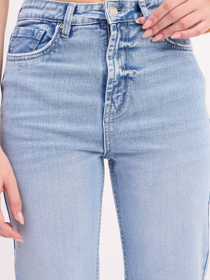 Madame Ice Blue Cotton Straight Fit Double Wash Cropped Jeans