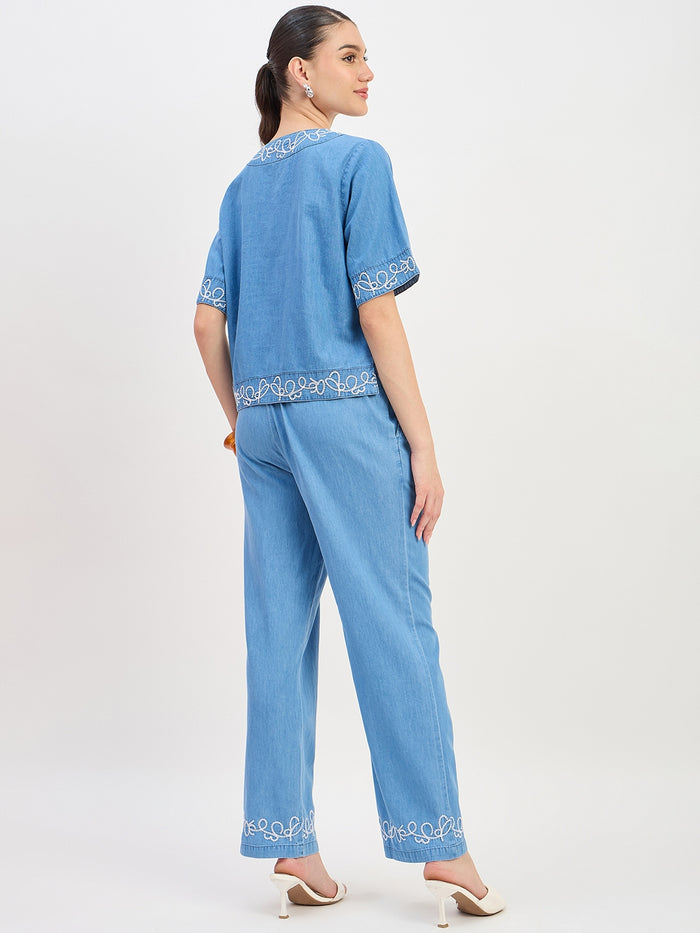 Madame Mid Blue Cotton Short Sleeve Co-ord Set Top