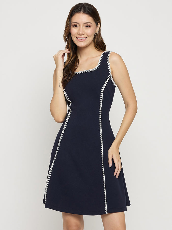 Madame Navy Rayon Blend Sleeveless Fit and Flare Mini Dress