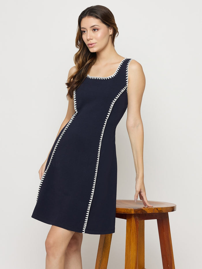 Madame Navy Rayon Blend Sleeveless Fit and Flare Mini Dress