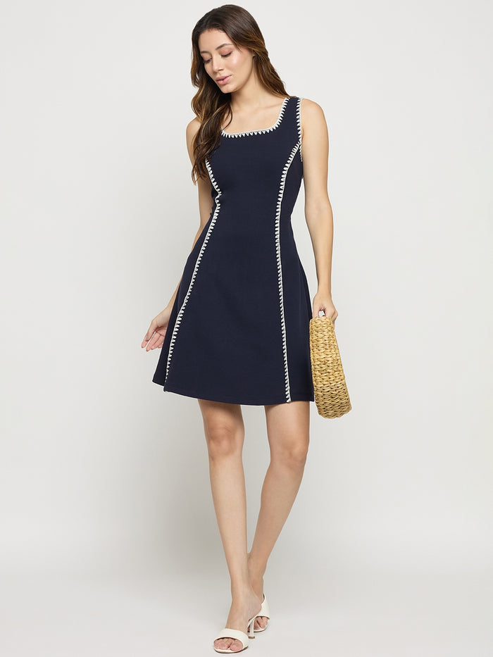 Madame Navy Rayon Blend Sleeveless Fit and Flare Mini Dress