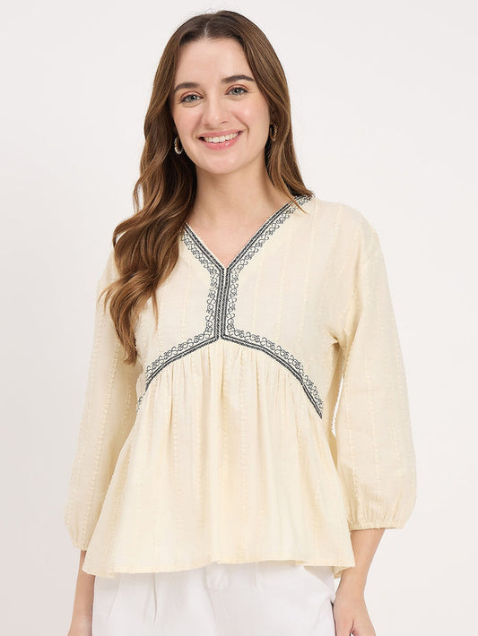 Madame Off White Cotton Lace Detail V-Neck Puff Sleeve Top