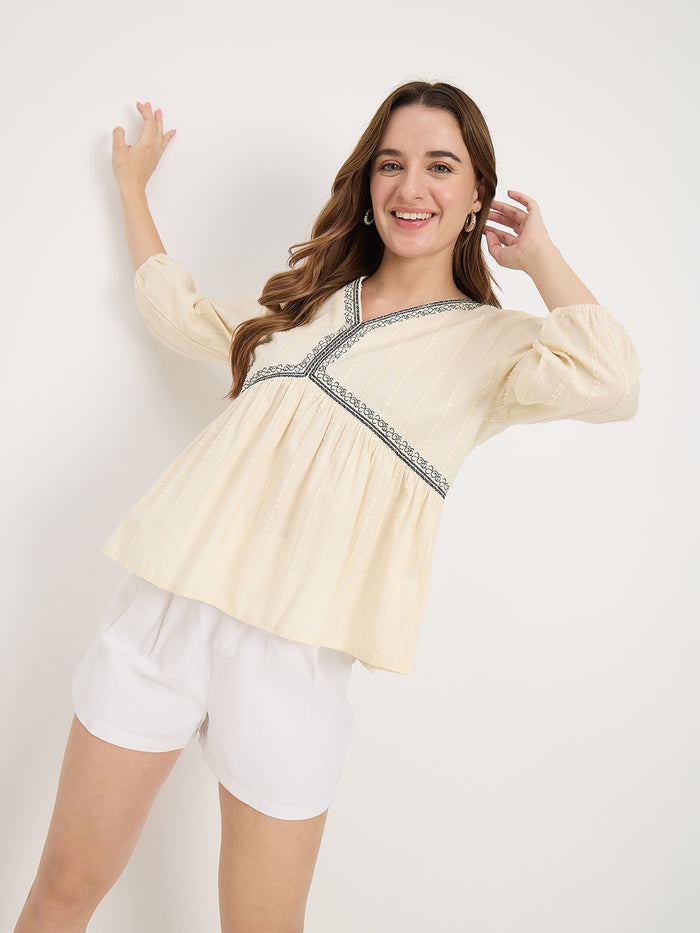 Madame Off White Cotton Lace Detail V-Neck Puff Sleeve Top