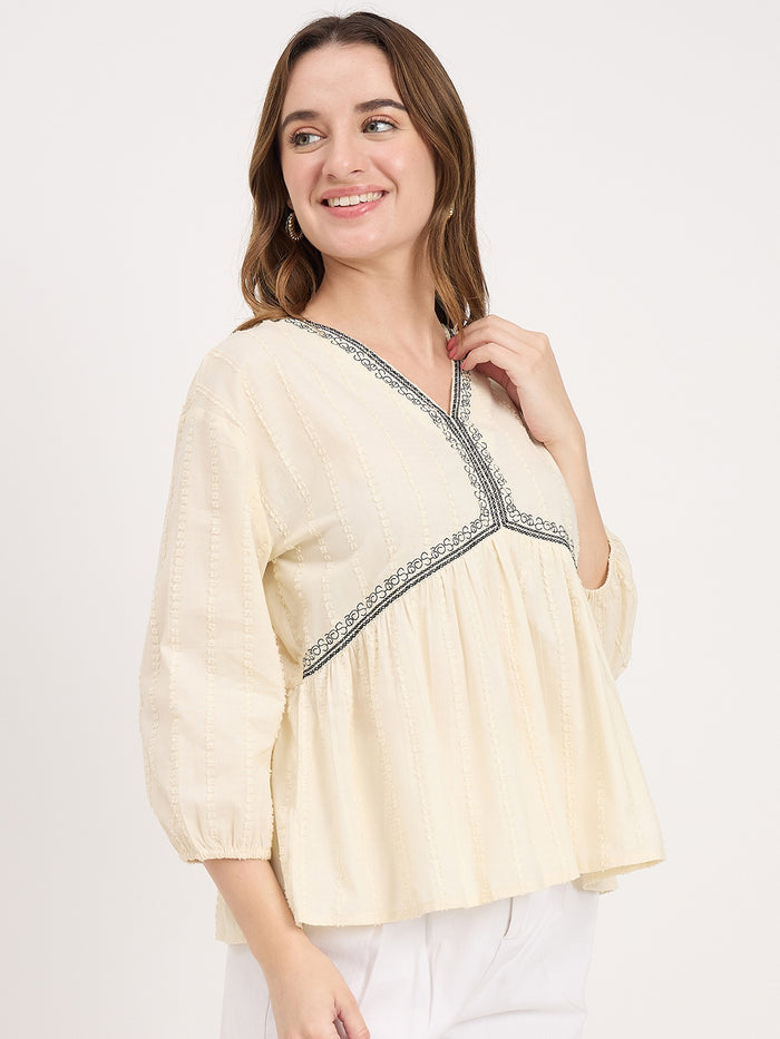 Madame Off White Cotton Lace Detail V-Neck Puff Sleeve Top