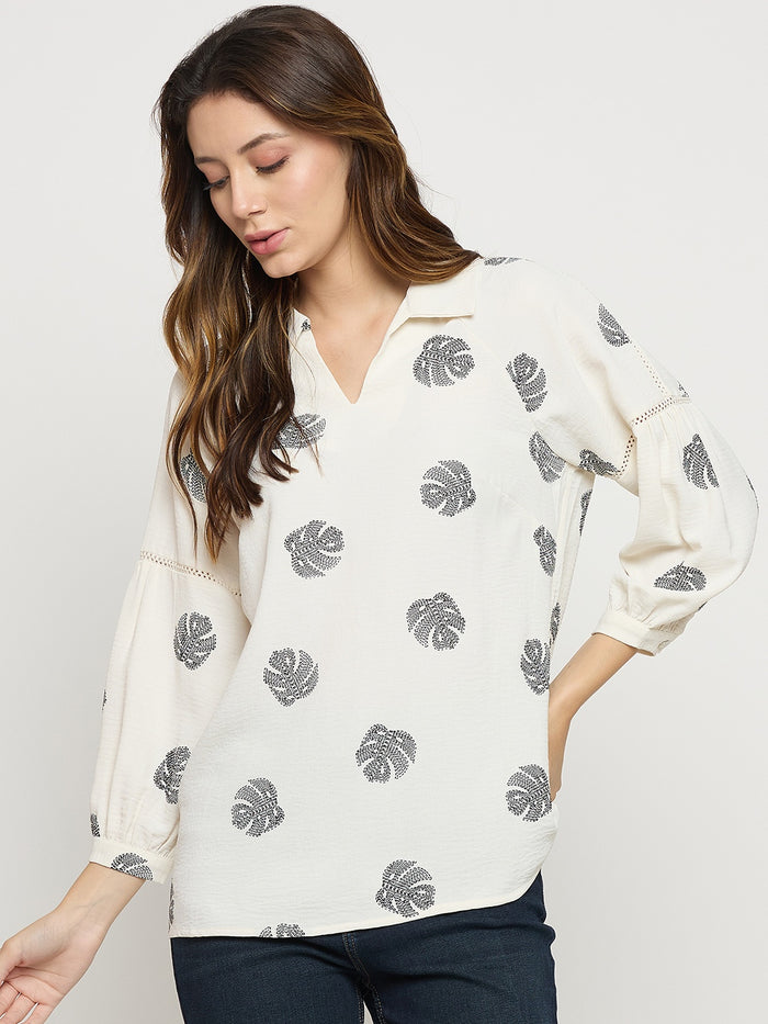 Madame Off White Printed Collar Puff Sleeve Top