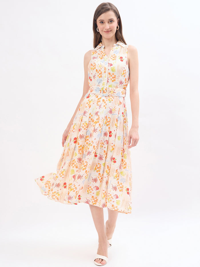 Madame Off White Rayon Floral Dress