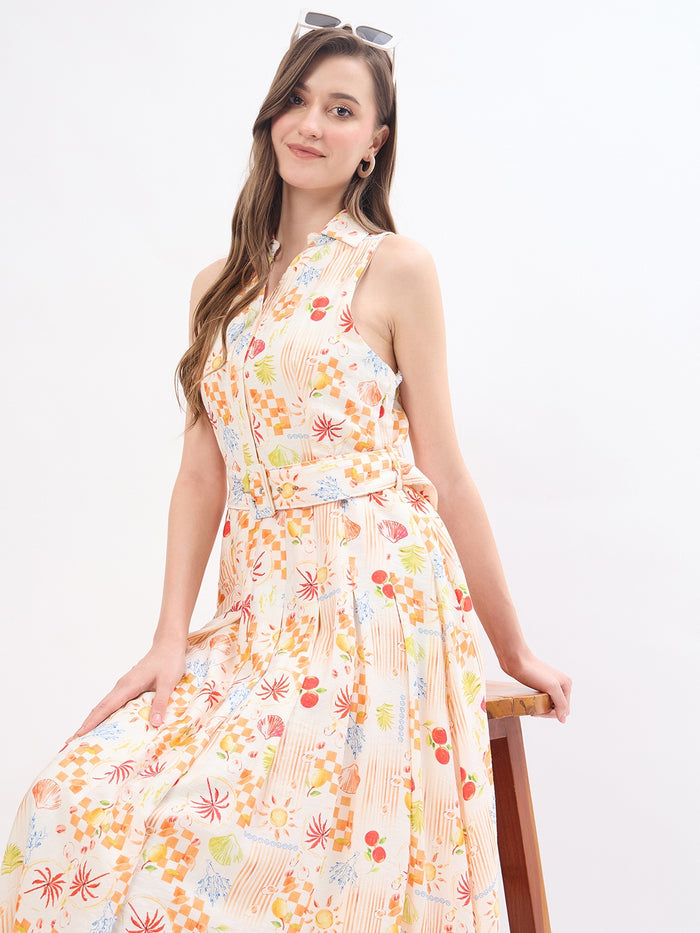Madame Off White Rayon Floral Dress