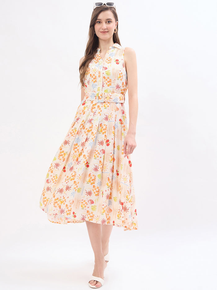 Madame Off White Rayon Floral Dress