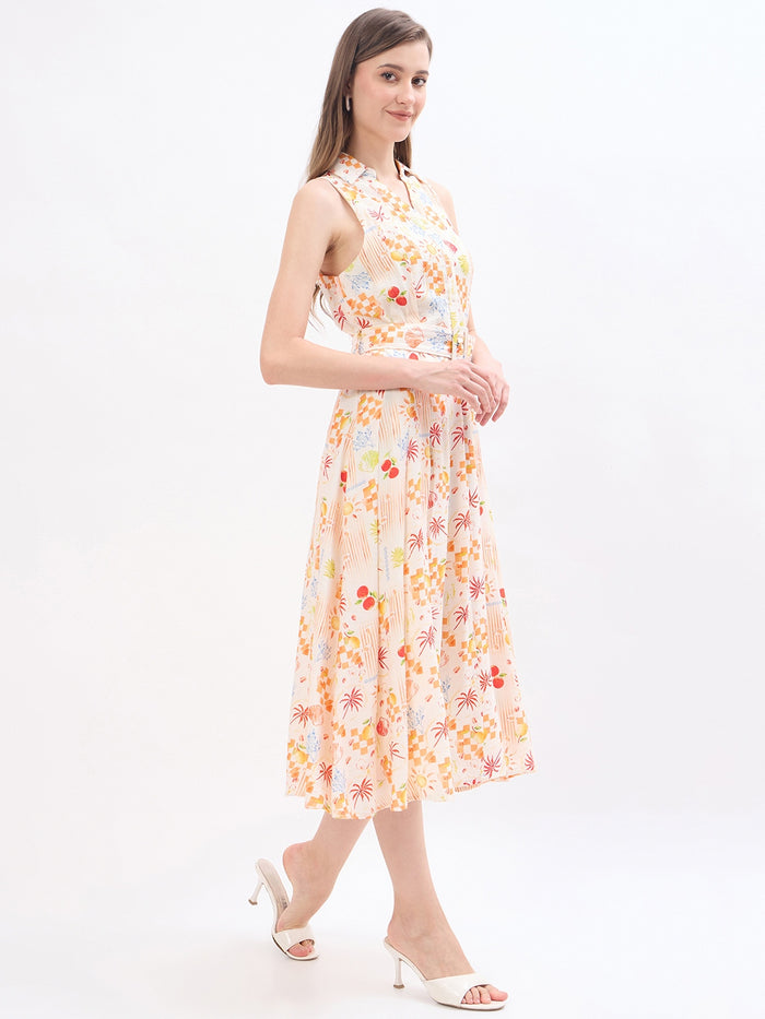 Madame Off White Rayon Floral Dress