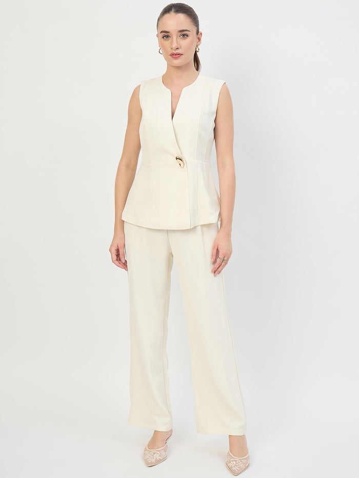 Madame Off White Sleeveless Round Neck Co-ord Set