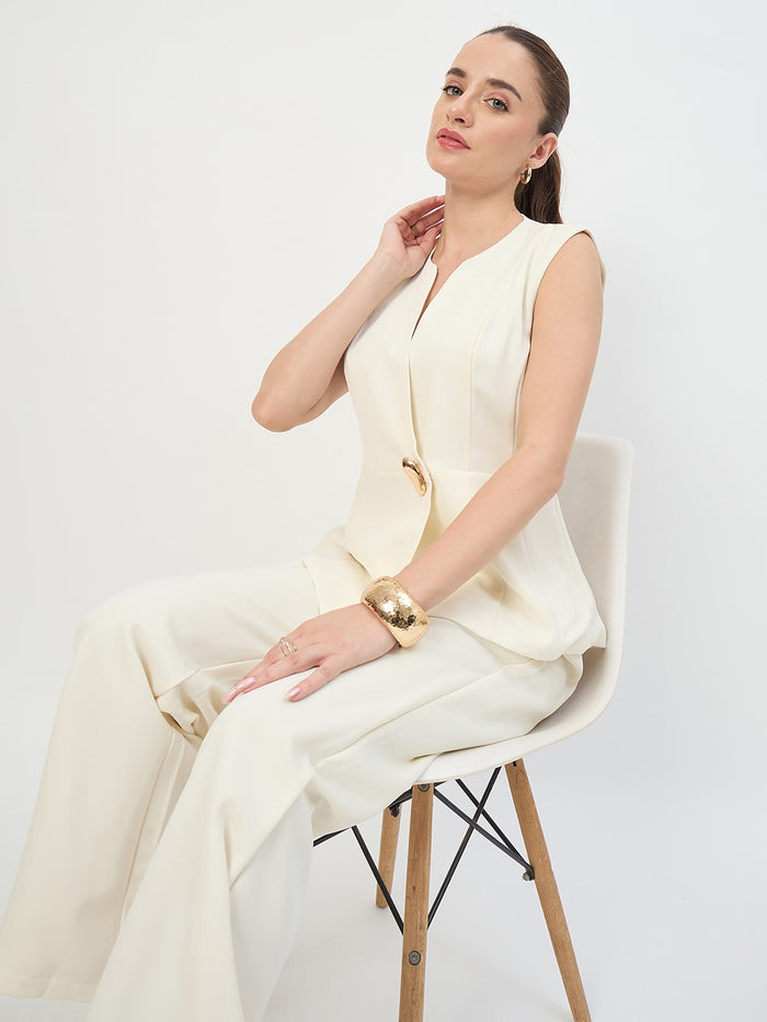 Madame Off White Sleeveless Round Neck Co-ord Set
