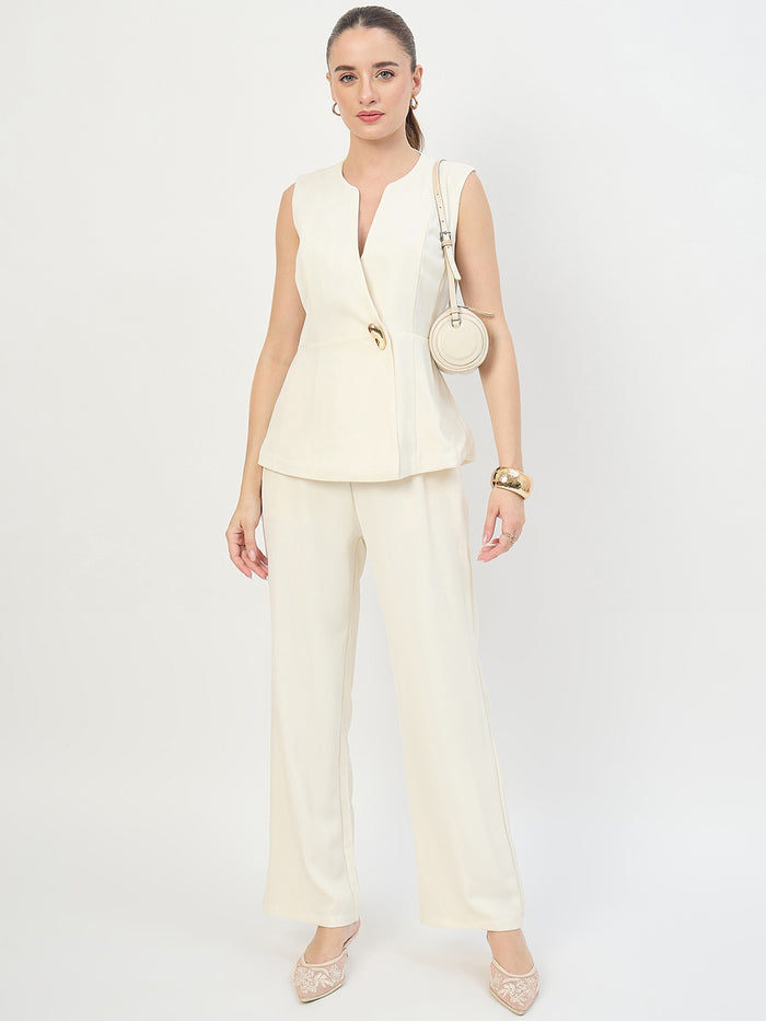 Madame Off White Sleeveless Round Neck Co-ord Set