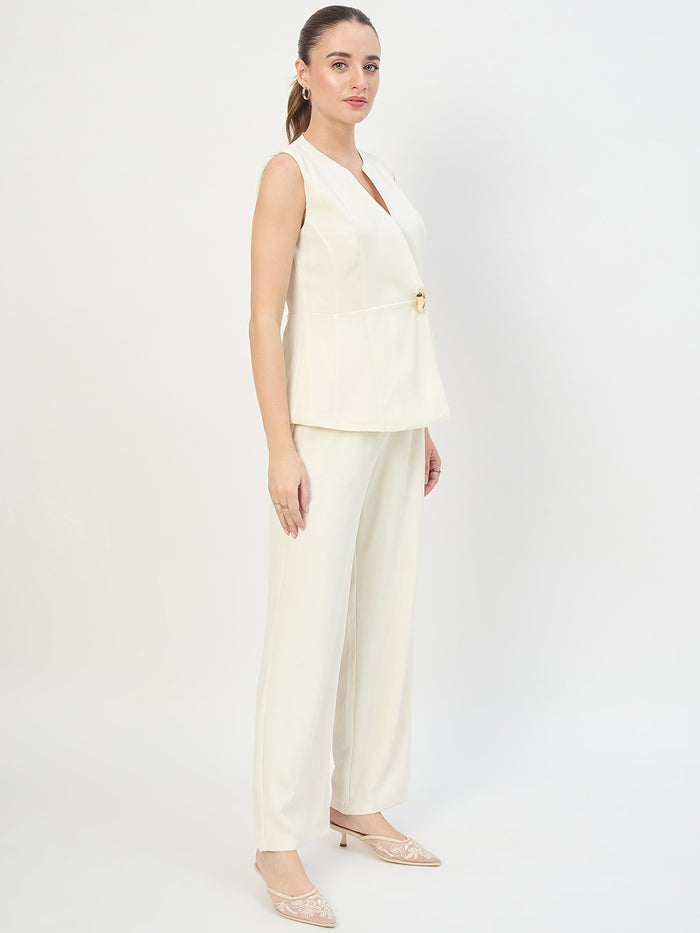 Madame Off White Sleeveless Round Neck Co-ord Set