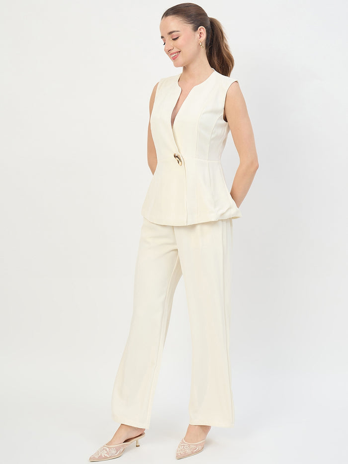 Madame Off White Sleeveless Round Neck Co-ord Set