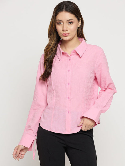 Madame Pink Embroidered Cotton Rayon Full Sleeve Shirt