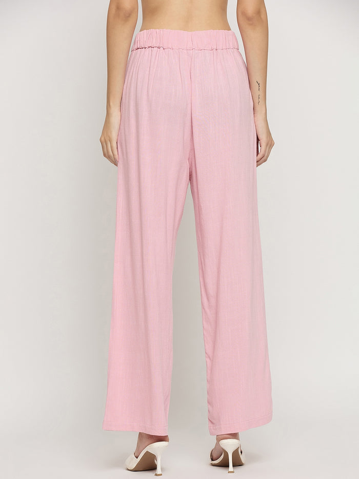 Madame Pink Rayon Linen Relaxed Fit Full Length Trousers