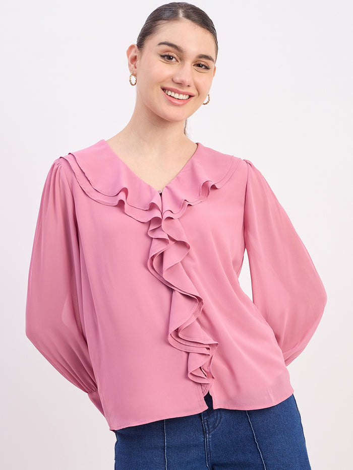 Madame Pink Ruffled V-Neck Full Sleeve Top