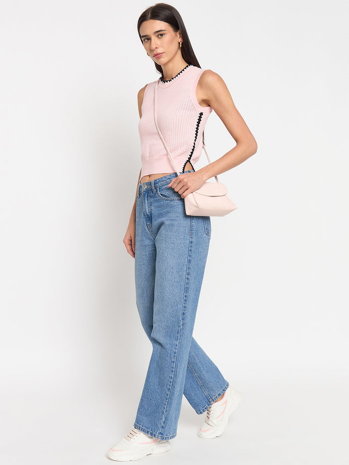 Madame Powder Pink Contrast Trim Cotton Knit Top