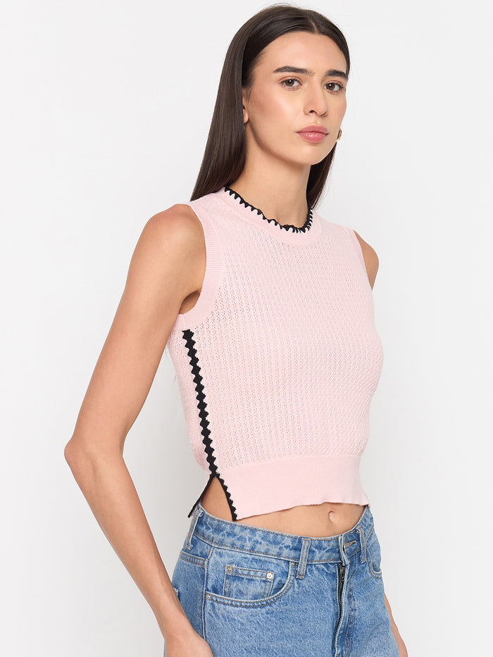 Madame Powder Pink Contrast Trim Cotton Knit Top