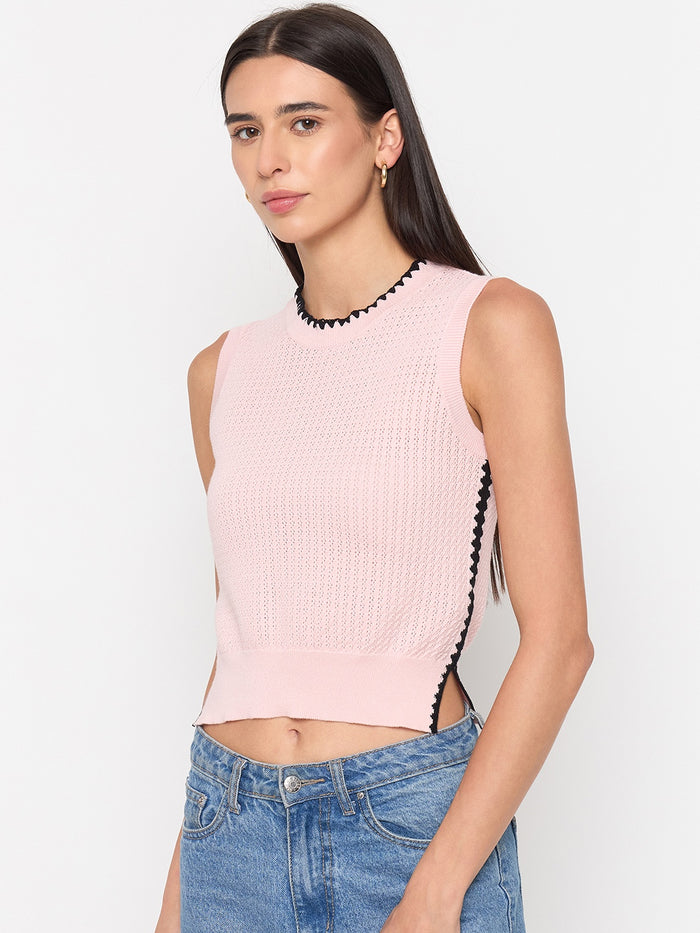 Madame Powder Pink Contrast Trim Cotton Knit Top