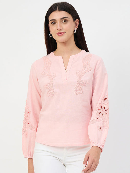 Madame Powder Pink Embroidered Cotton-Linen Tunic Top
