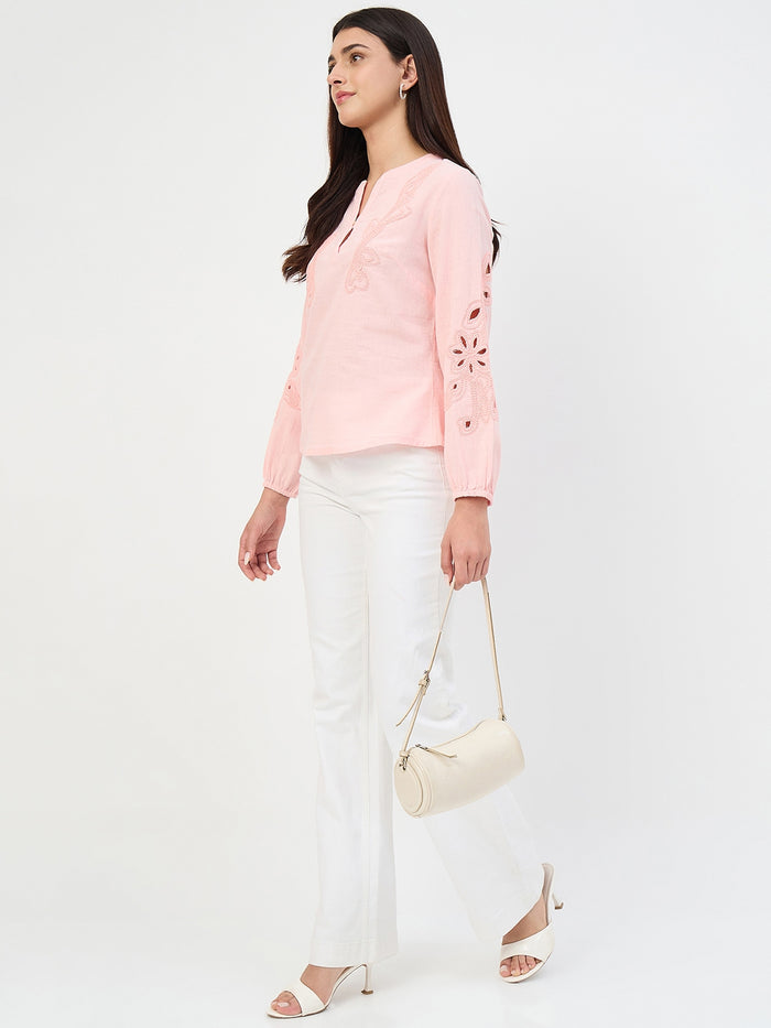 Madame Powder Pink Embroidered Cotton-Linen Tunic Top