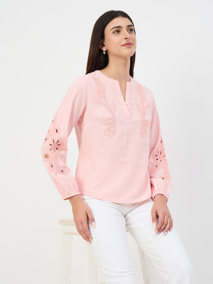 Madame Powder Pink Embroidered Cotton-Linen Tunic Top