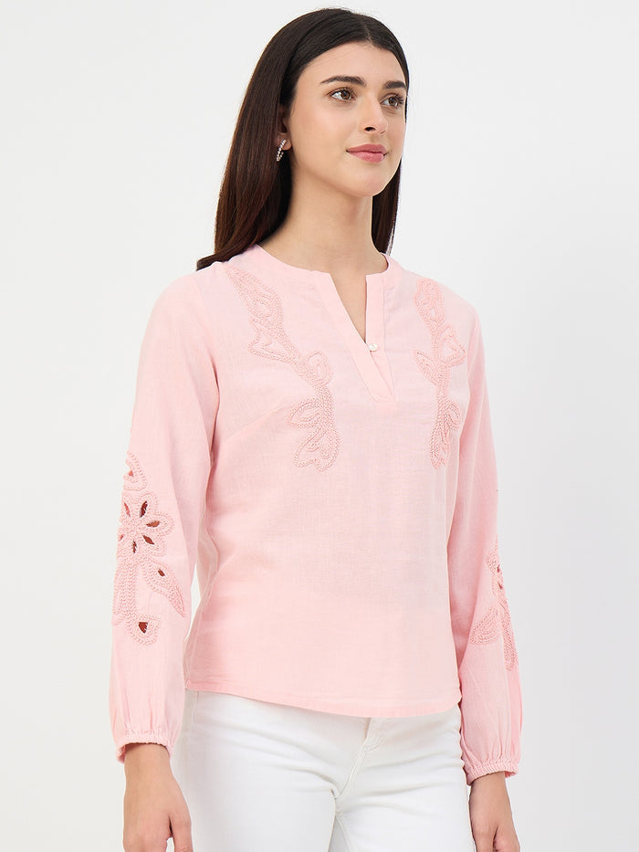Madame Powder Pink Embroidered Cotton-Linen Tunic Top