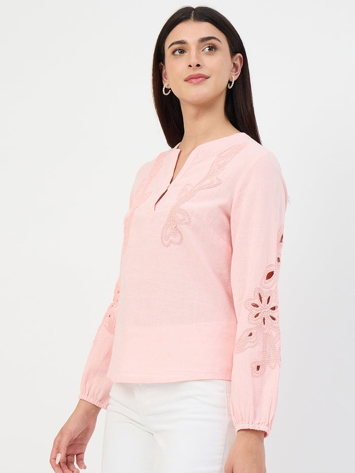 Madame Powder Pink Embroidered Cotton-Linen Tunic Top