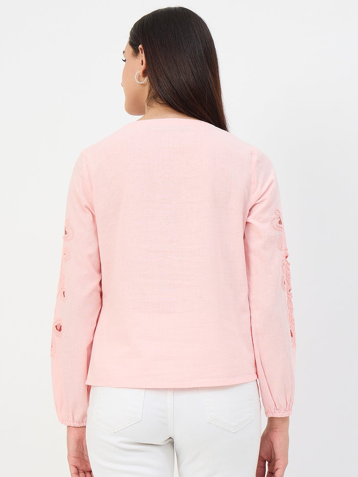 Madame Powder Pink Embroidered Cotton-Linen Tunic Top