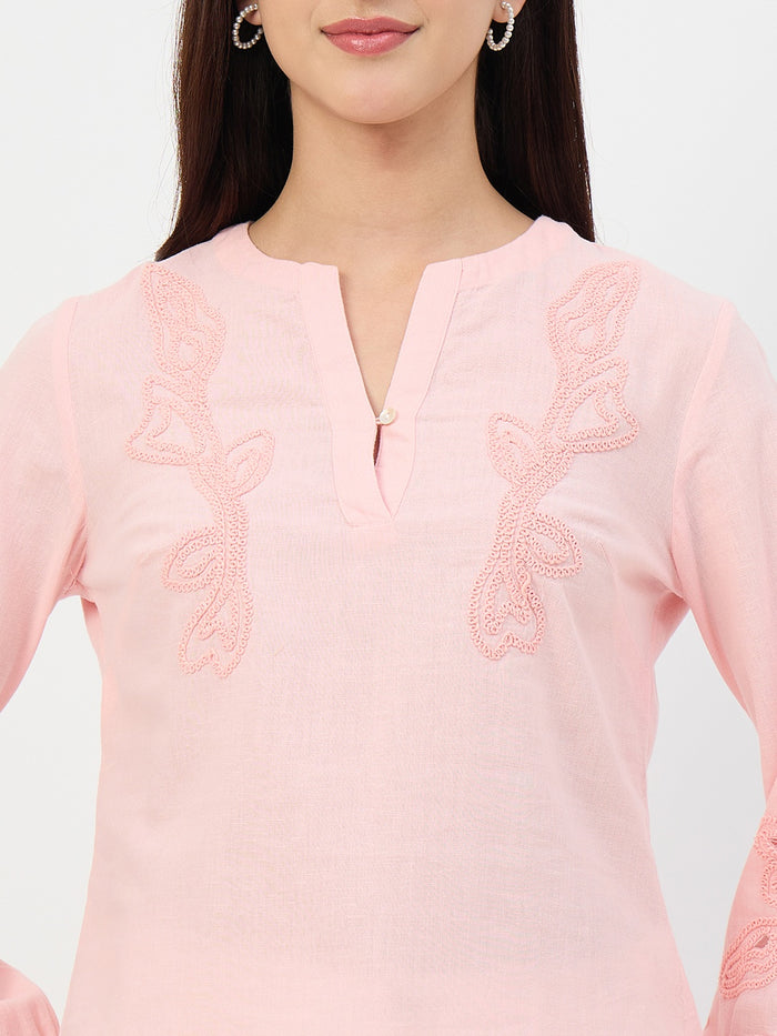 Madame Powder Pink Embroidered Cotton-Linen Tunic Top