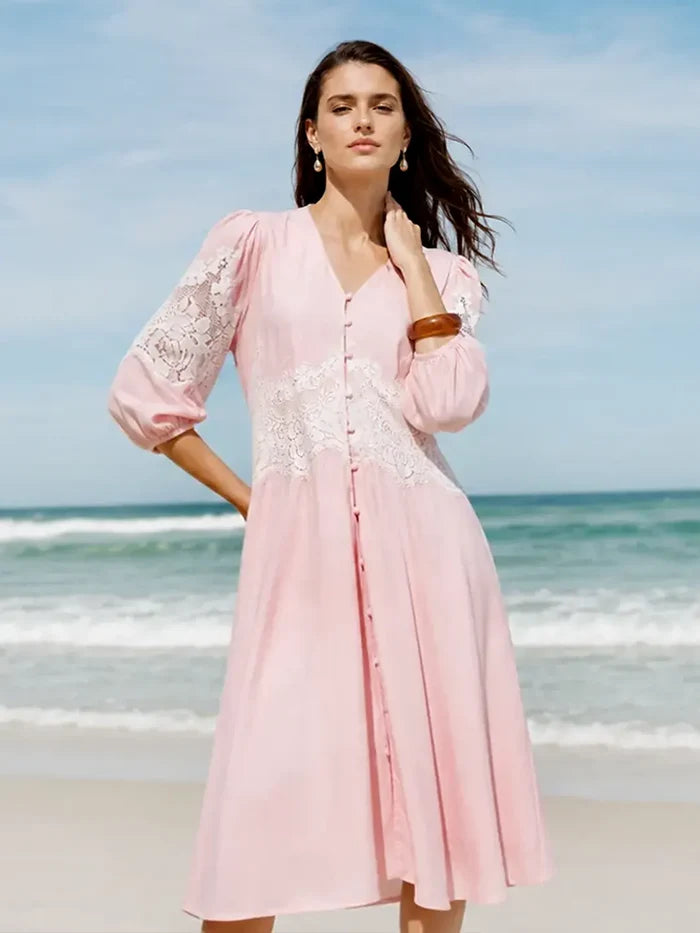 Madame Powder Pink Rayon Linen Midi Dress