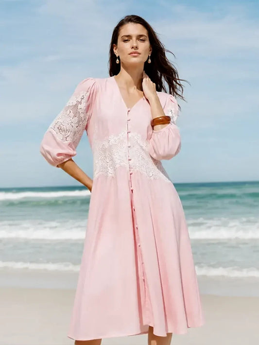 Madame Powder Pink Rayon Linen Midi Dress